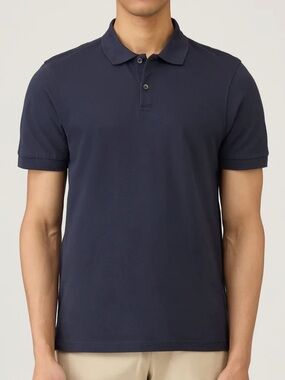 Sunspel England Navy Short Sleeve Cotton Knit Polo w Chest Pocket